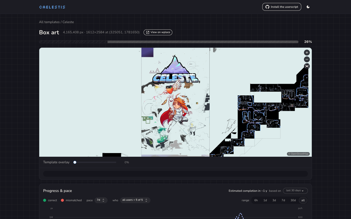 A template page with its progress bar, map, and View on wplace link.