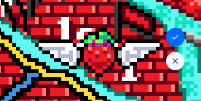 Artwork in placement mode, with the confirm and cancel controls visible.