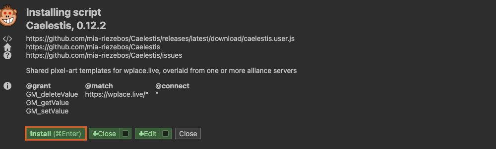 Violentmonkey's Caelestis installation page, with Install outlined in orange.