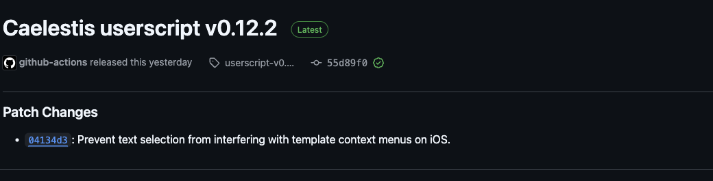 A Caelestis userscript release with the Latest badge.