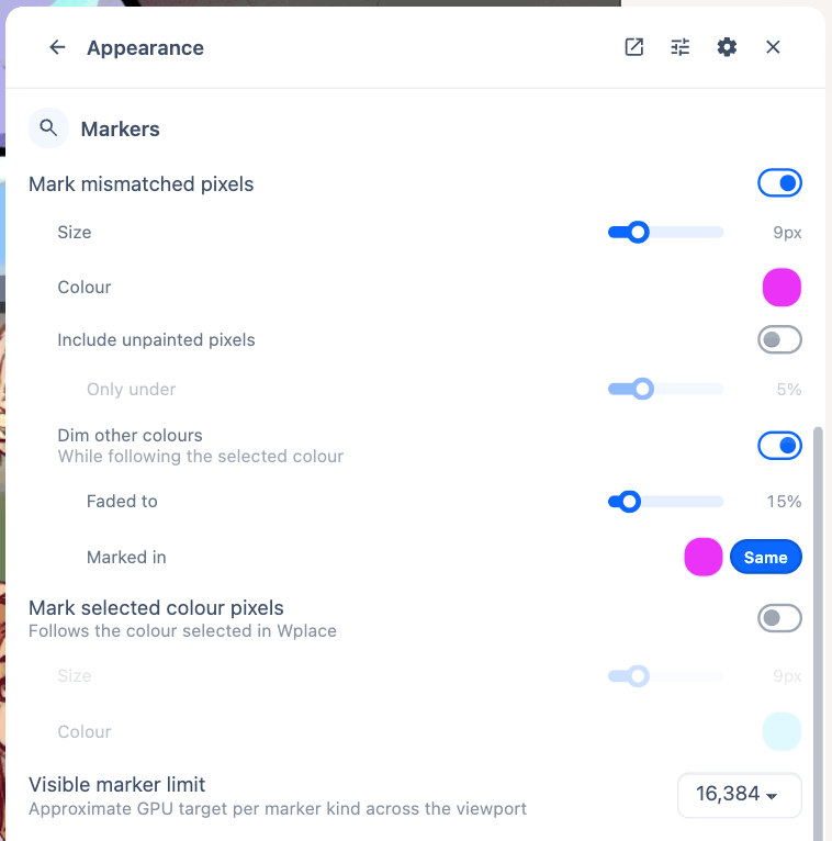 Enabled mismatch-marker controls, including their colour and size.