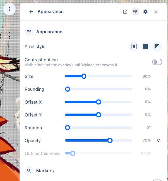 Pixel presets and appearance sliders.