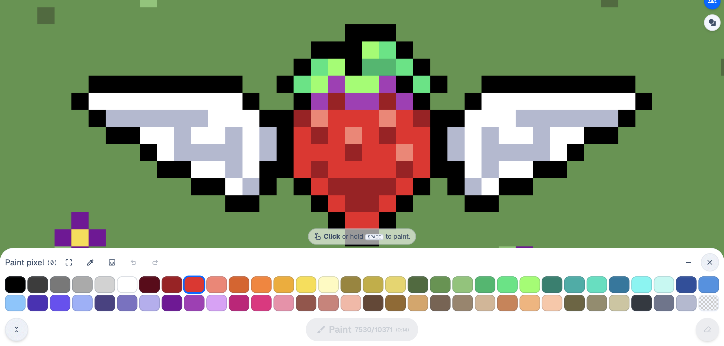 The Strawberry template above Wplace's paint drawer, with Red selected.