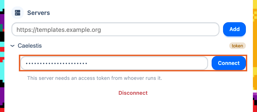 The access-token field beside Connect. The masked value is an example.
