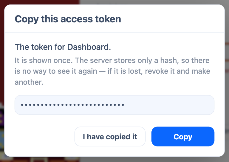 The one-time token result and Copy control. The token value is concealed.