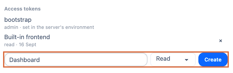 Token creation with Dashboard entered as the label and Read selected.