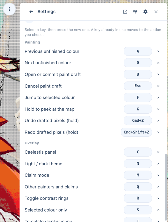 Complete shortcut rows with their key controls in Settings.