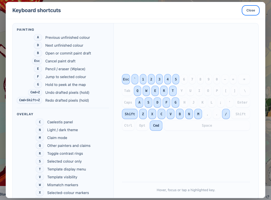 The current keyboard bindings in the reference window.