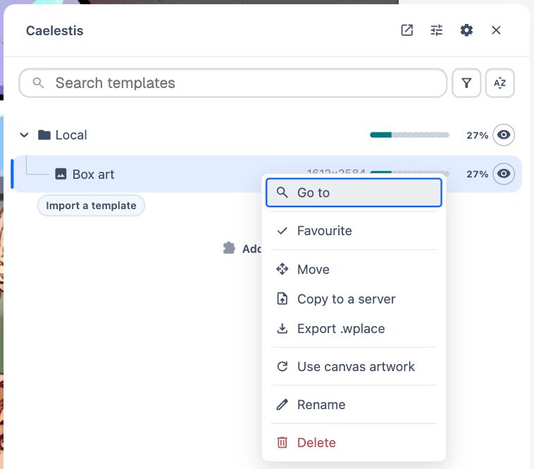 The actions menu for a local template.