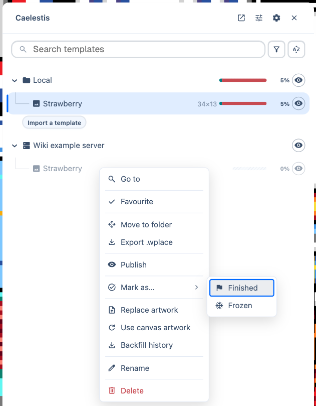 The server template's Mark as menu with Finished and Frozen options.